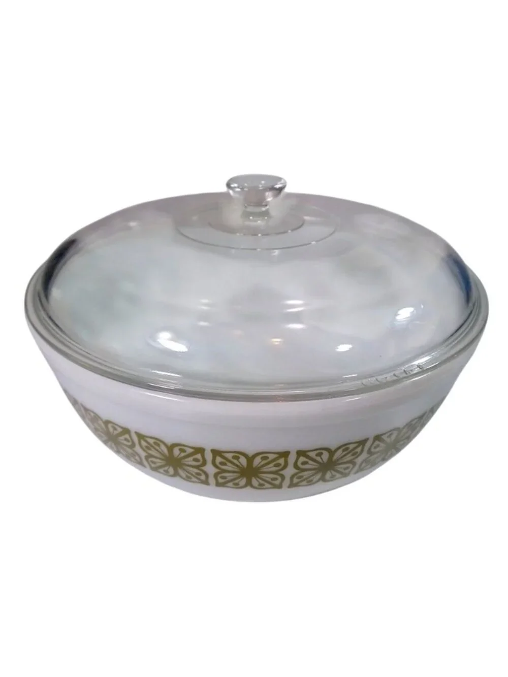 PYREX Vintage 404 OvenWare Bowl With Glass Lid 4 Quart Square Flower Verde Green